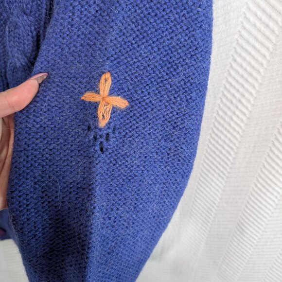 Vintage 80s Chunky Cable Knit Cardigan Blue Orange Wool Blend Est. size M to L - Picture 12 of 16